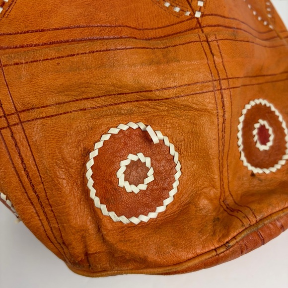 VTG Genuine Leather Drawstring Whipstitch Patchwork Bucket Bag Vintage - Picture 10 of 12